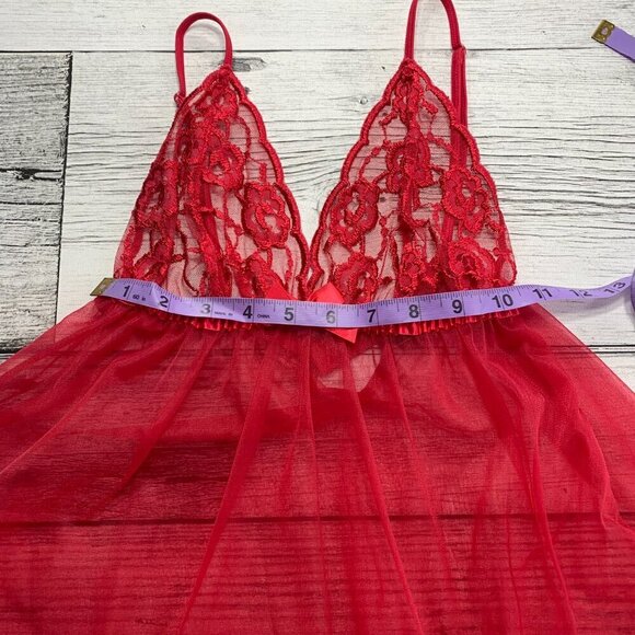 Fredricks of Hollywood Red Sheer Mesh Lace Babydoll Camisole Slip Lingerie - Picture 14 of 16